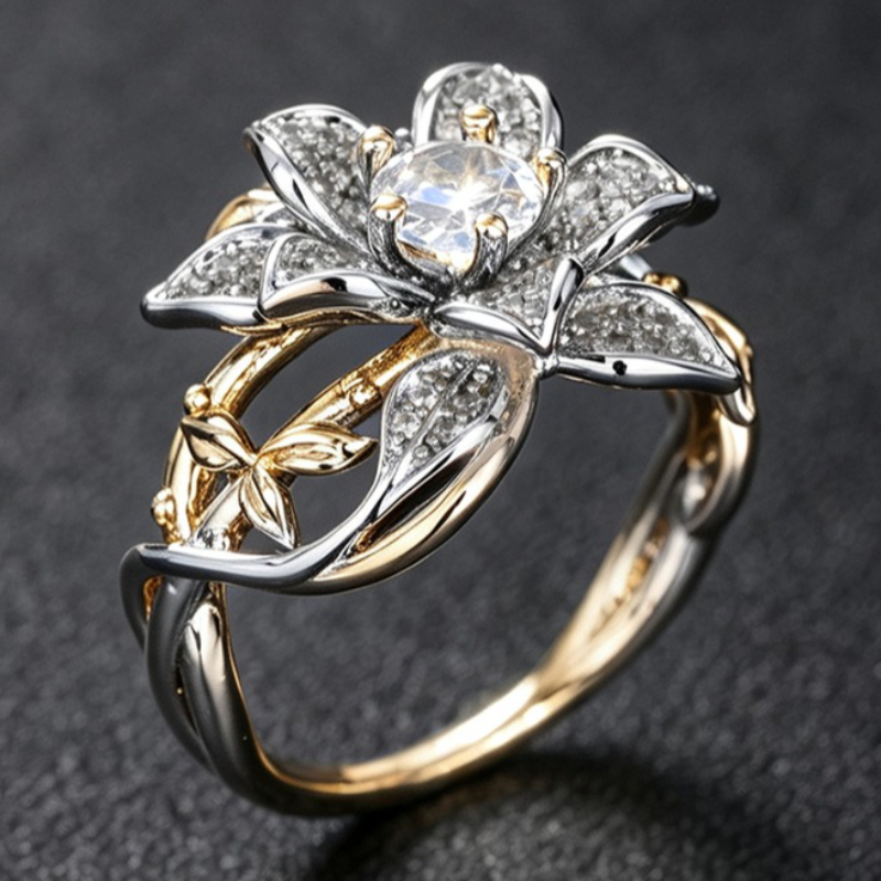 Women's Elegant Retro Inlay Zirconia Two-Tone Lotus Ring